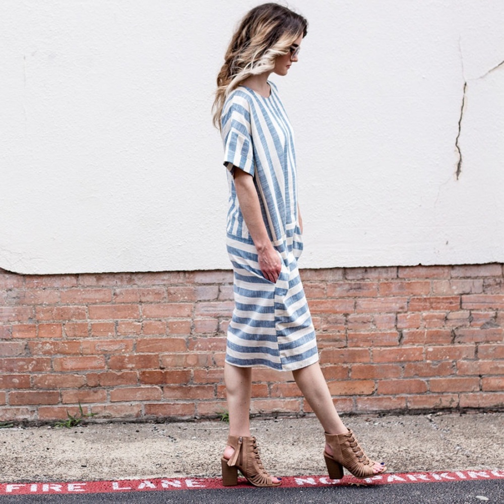 Chambray/Ivory Stripe Dress with Pockets